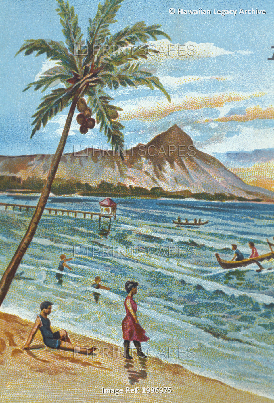 C.1905 Hawaii, Oahu, Waikiki, Outrigger Canoes Surfing With People Watching, ...