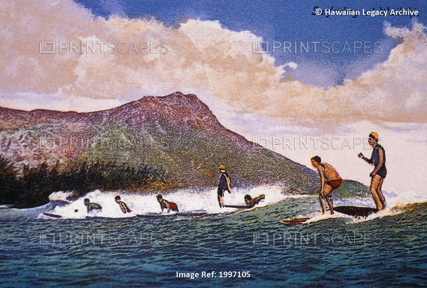 C.1920/30 Hawaii, Oahu, Art, Surfers On Small Wave With Diamond Head In ...