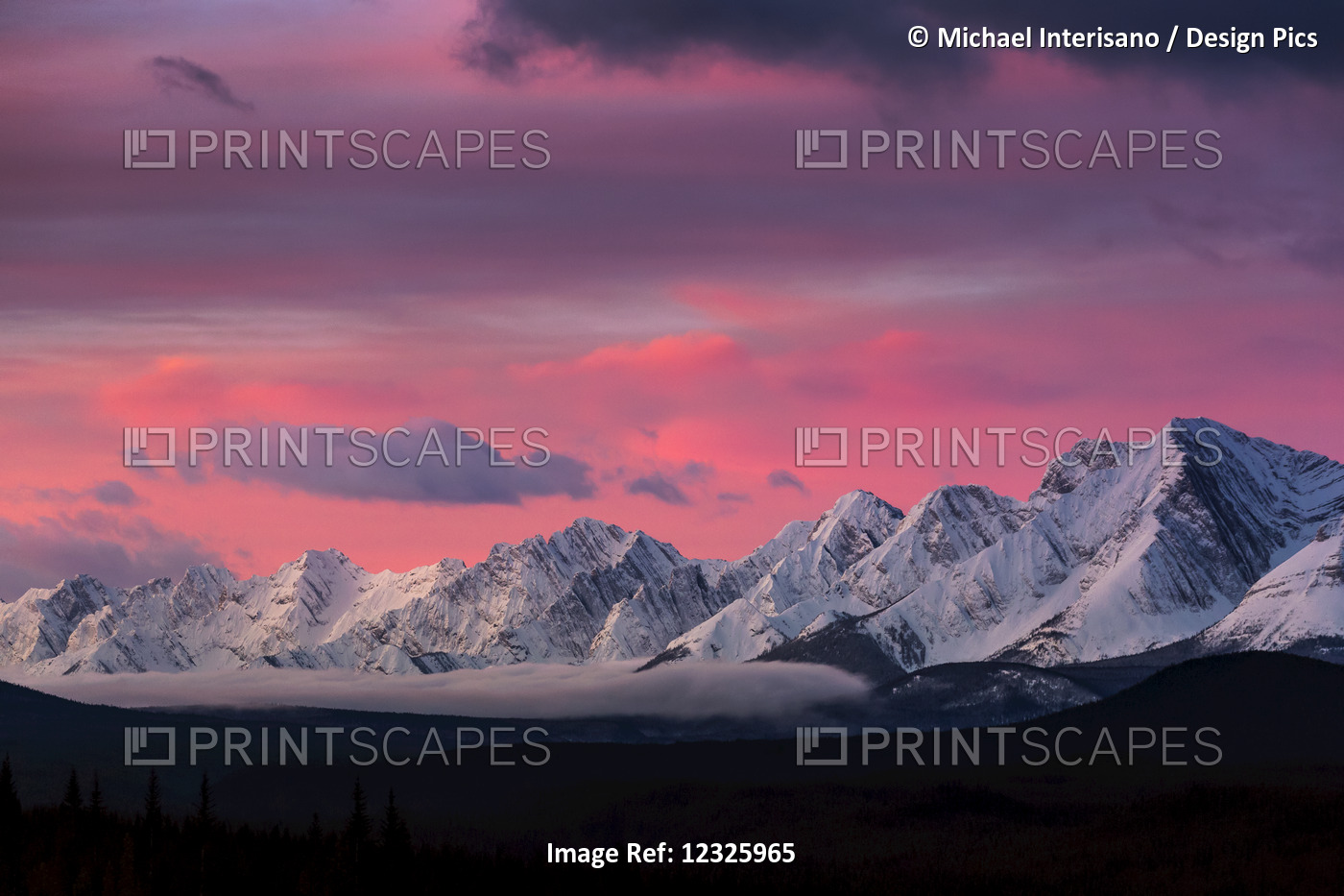 Dramatically Glowing Sky At Sunrise With Snow Covered Mountain Range And Fog In ...