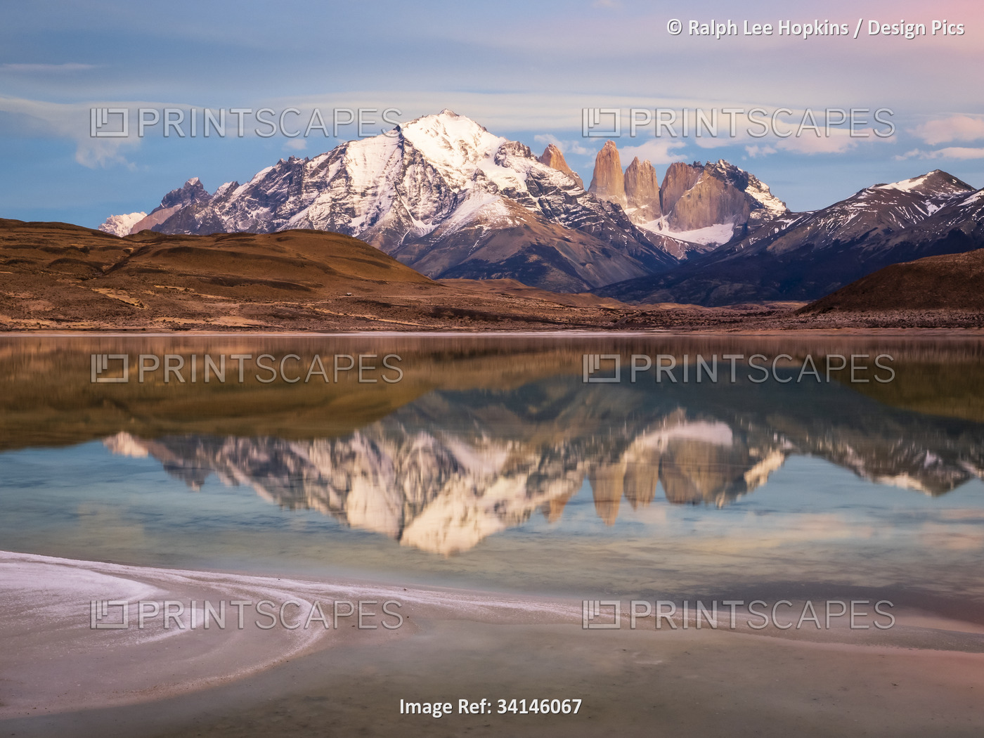 Salt pattern and reflection at sunrise in Lago Azul, Torres del Paine National ...