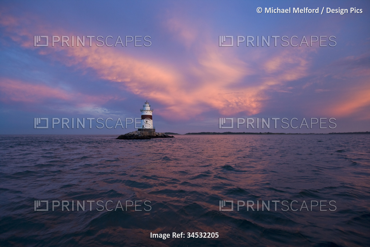 Latimer Reef Light at sunset in Fishers Island Sound of the coast of New York, ...